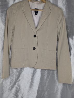 GAP Y2K Women's Beige/White Pinstripe Blazer Jacket 2 Button Collared Lined 8